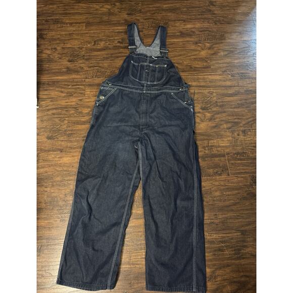 Sears Roebucks Denim Bib Overalls Mens 44x32 Carpenter Blue Dark Wash Great Cond - Picture 1 of 11